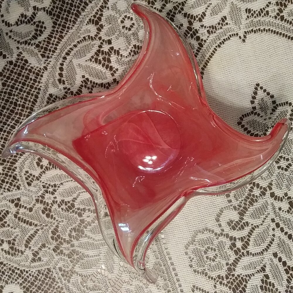 Murano-style art glass wave cranberry/pink bowl with a waffle bottom